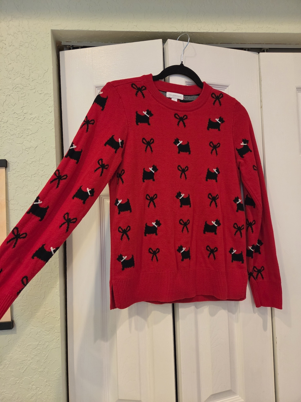 Charter Club Red Crewneck Sweater with Black Scottie Dog and Bow Motifs